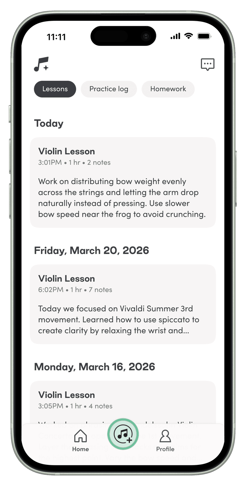 Tonic Notes app showing lesson list